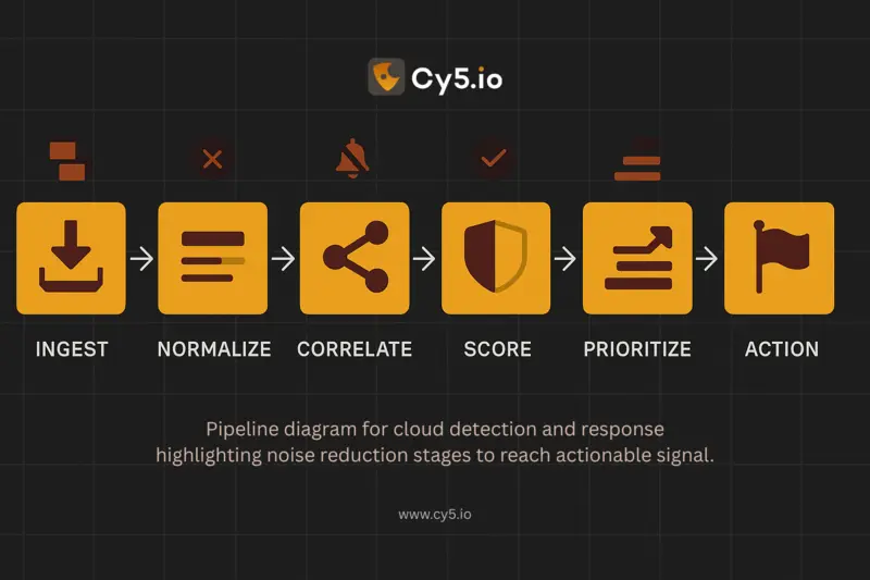 Pipeline diagram for cloud detection and response highlighting noise reduction stages to reach actionable signal. Cy5 Cloud security provider