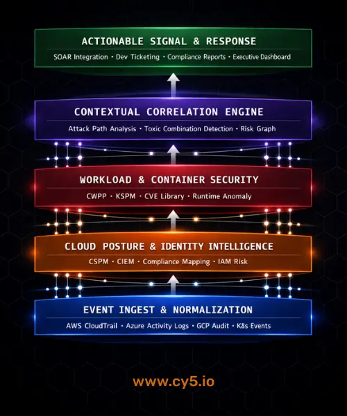 5-layer CNAPP architecture diagram by Cy5 illustrating how ion Cloud Security platform unifies event ingest, cloud posture and identity intelligence, workload and container security, contextual correlation, and actionable signal response into a single attack-path-aware security architecture for enterprise cloud environments