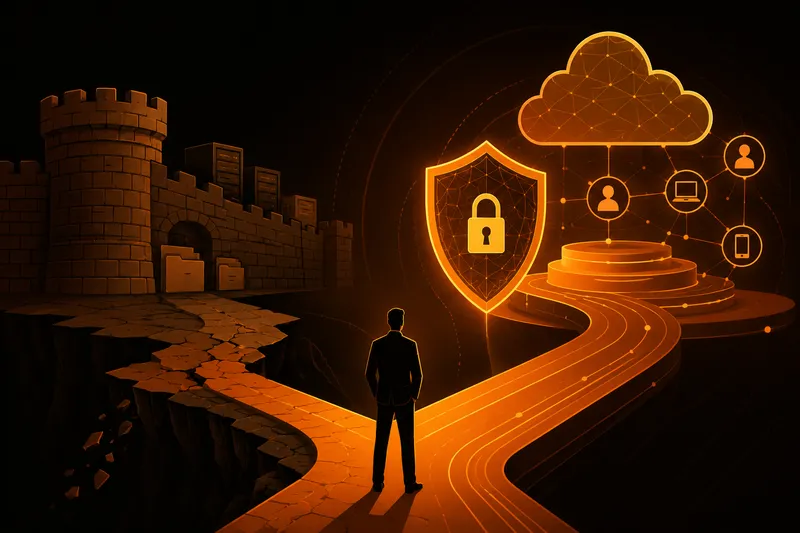 Illustration showing Indian enterprises moving from fragmented legacy cloud security to a Zero-Trust architecture with continuous verification, identity-based access, and connected cloud protection.