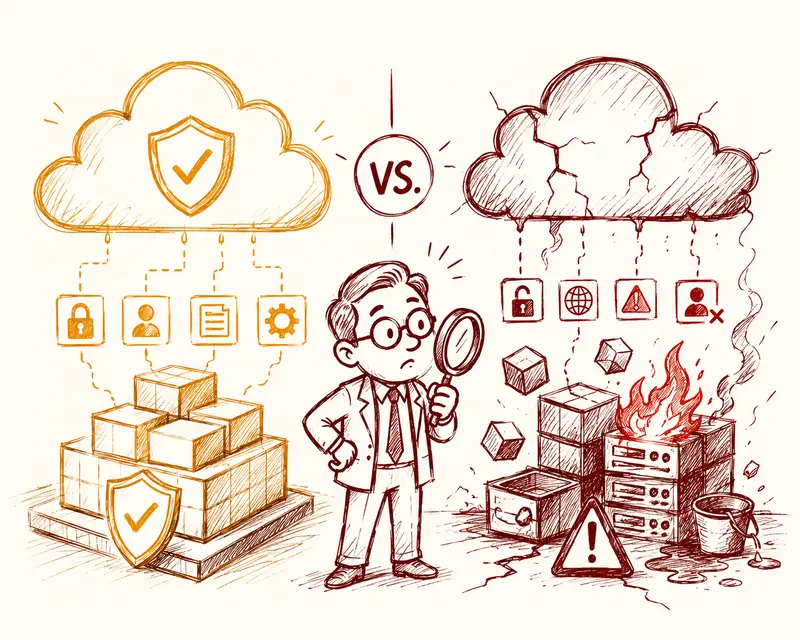 Cloud security architecture visual comparing least privilege, secure‑by‑default, defense in depth, and immutable infrastructure against real AWS misconfiguration patterns affecting BFSI and regulated Indian enterprises.